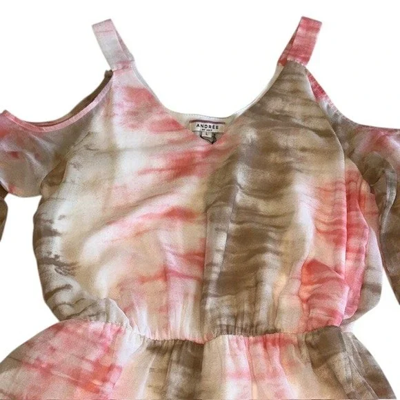 NWT‎ Andree by Unit Tie Dye Romper Cold Shoulder Bell Sleeve Ruffle Hem Sz Lg - Picture 9 of 16